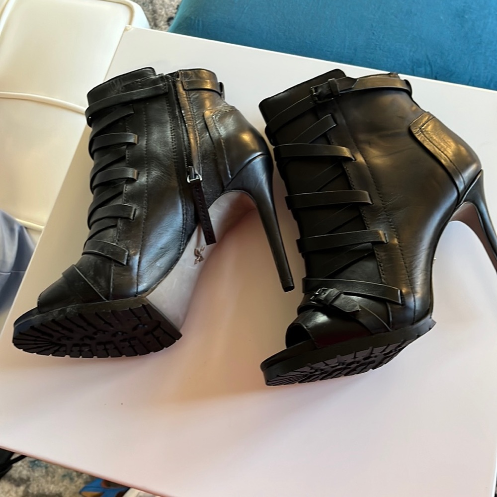 Leather Chunky Peep Toe Bootie.